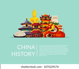 Vector pile of flat style china elements and sights hidden in horizontal paper pocket with shadow and place for text illustration