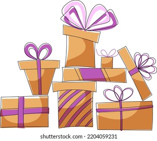 Vector pile of gifts. Gift boxes with bows. Holiday boxes.