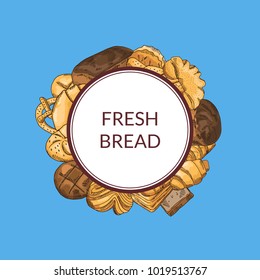 Vector pile of hand drawn colored bakery food elements under framed circle with place for text illustration