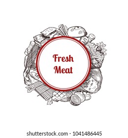 Vector pile of hand drawn monochrome meat elements under circle with place for text illustration