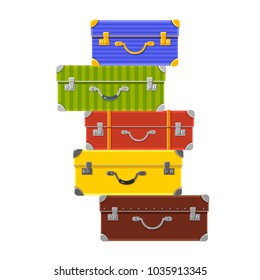 Vector pile of huge colorful cases. Travelling. Summer holidays. Bright baggage. Cute cartoon laggage. Tourist elements.