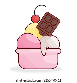 vector pile of ice cream in a bowl with chocolate and cherry topping