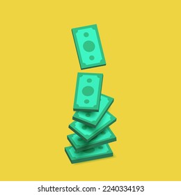 Vector pile of money falling from above on transparent background.