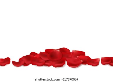 Vector pile of red rose petals on white background with space for your text