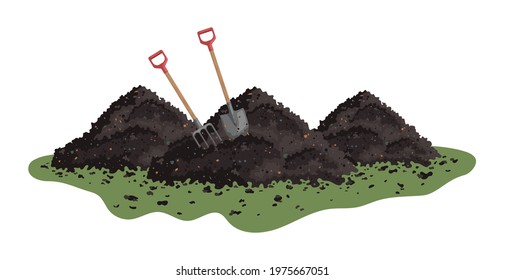 Vector pile of soil. Hayfork and shovel in a pile of ground. Heap of substrate, humus, fertilizer, compost