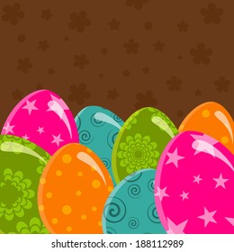 Vector- Pile of vertical colorful Easter eggs on brown background