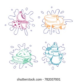 Vector piles of milk products set with milk splashes under them illustration