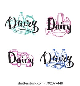 Vector piles of milk products set with dairy letterings above them illustration
