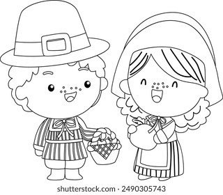 a vector of a pilgrim couple in black and white coloring  