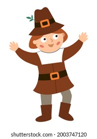 Vector pilgrim man isolated on white background. Thanksgiving Day character. Autumn icon with first American people. Cute fall holiday settler illustration