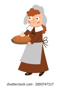 Vector pilgrim woman with pumpkin pie isolated on white background. Thanksgiving Day character. Autumn icon with first American people. Cute fall holiday settler illustration