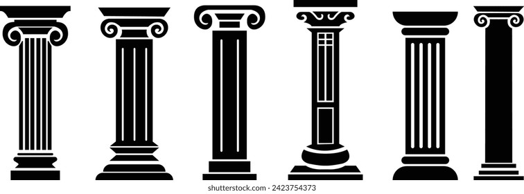 vector pillar background design art set, Medieval Symbol, Pillar icon in filled flat logo template, black logo element, law justice logo, building construction architecture logo, Trendy style vector.