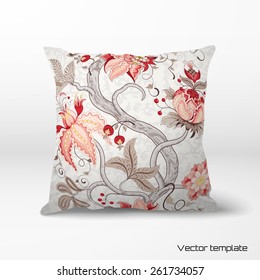 Vector pillow.  Curved tree branch with fantastic flowers, leaves, tendrils and berries. The motives of the paintings of ancient Indian fabrics. Tree of Life collection