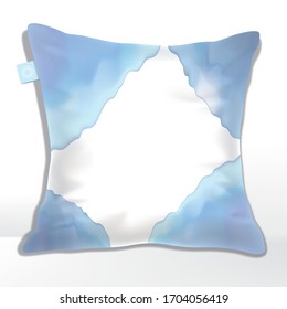 Vector Pillow or Cushion Cover Mockup with Blue Watercolor Wave Pattern Abstract Printed