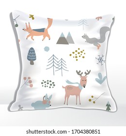 Vector Pillow or Cushion Mockup with Winter Forrest Animals Printed