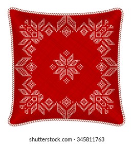 Vector pillow with embroidered pillowcase. Traditional Scandinavian ornament for Christmas - bright red and white snowflakes in cross stitch pattern. Vector illustration.