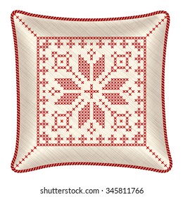 Vector pillow with embroidered pillowcase. Traditional Scandinavian ornament for Christmas - bright red and white snowflakes in cross stitch pattern. Vector illustration.