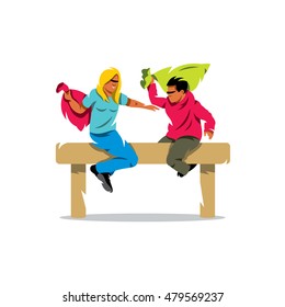 Vector Pillow fight Cartoon Illustration. Girl and boy on a wooden beam. Unusual Logo template isolated on a white background
