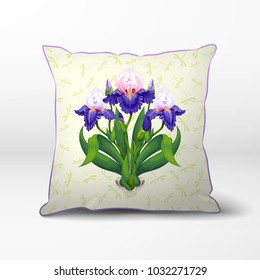 Vector pillow. Iris flowers with buds and leaves on background with dragonflies.
