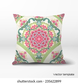 Vector pillow with oriental round floral pattern. Delicate green and pink.