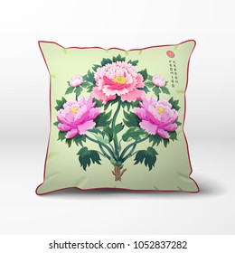 Vector pillow. Peony flowers on backdrop with imitation of sachiko embroidery.