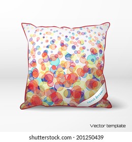 Vector pillow with watercolor transparent blots. Hand drawing. Realistic shadows. Ribbon for your text.