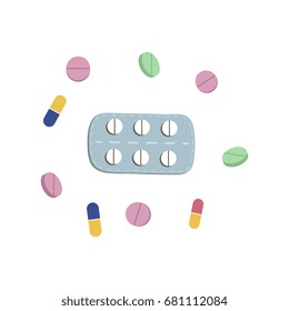 Vector pills blister and capsules flat set. Illustration isolated on a white background. Cold and flu treatment concept, medicine and drugs. Cartoon illness therapy tools, tablets