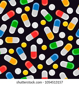 Vector pills and capsules in different colors, shapes and sizes, isolated elements. Seamless background, pattern. Seamless pattern of pills and vitamins