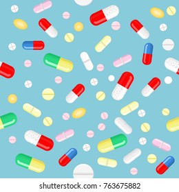 Vector pills and capsules in different colors, shapes and sizes, isolated elements. Seamless background, pattern