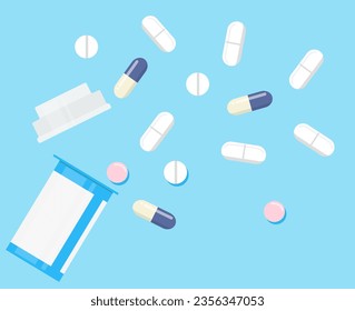 Vector pills and capsules . Medicines, tablets, capsules, drug of painkillers, antibiotics, vitamins and small bottle. Health care medical and vector illustration.