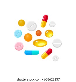 Vector pills and capsules realistic set. Illustration isolated on a white background. Cold and flu treatment concept, medicine and drugs. Realistic illness therapy tools, tablets