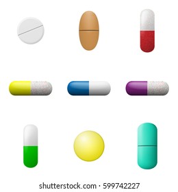 Vector pills and capsules set. Pharmacy drugs icons. Medicament symbols isolated on a white background. Vector illustration...