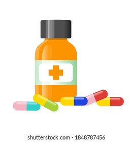 Pastillas vectoriales y cápsulas. Comprimidos en blisters: analgésicos, antibióticos, vitaminas y aspirina. Farmacia y símbolos de medicamentos. Botellas y píldoras médicas. 