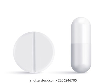Vector pills closeup isolated on white background. Medical preparations, tablets and capsules. The concept of medicine, healthcare, pharmaceuticals and chemistry.