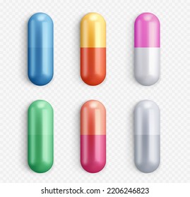 Vector pills closeup isolated on transparent background. Medical preparations, tablets and capsules. The concept of medicine, healthcare, pharmaceuticals and chemistry.