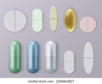 Vektortabletten, Nahaufnahme einzeln auf transparentem Hintergrund. Medizinische Zubereitungen, Tabletten und Kapseln. Das Konzept der Medizin, der Gesundheitsversorgung, der Pharmazie und der Chemie.