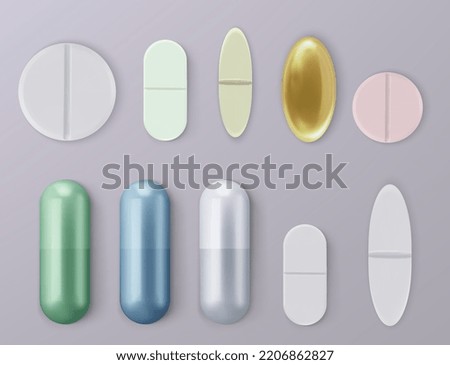 Vector pills closeup isolated on transparent background. Medical preparations, tablets and capsules. The concept of medicine, healthcare, pharmaceuticals and chemistry.