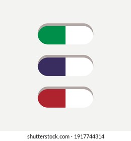 Vektortabletten verschiedener Farben. ovale Tabletten. Flachbild von Arzneimitteln