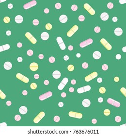 Vector pills of different colors, shapes and sizes of the individual elements. Seamless background, pattern