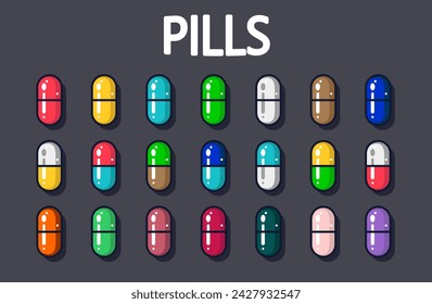 Vektor-Pillen-Icon-Set. Medizin Illustration Krankheitszeichen und Medikamententablette. Apothekenpflegekapsel und Krankenhaus-Vitamin-Design. Ambulance Health Collection Antibiotikasymbol