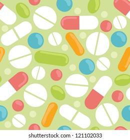 Vector pills seamless pattern background with hand drawn elements.