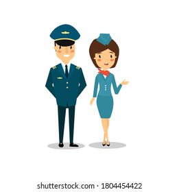 Vector pilot and stewardess. cartoon airplane commander
