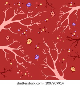 Vector pin branches on a dark pink background with red and yellow bright spots and birds around. Cute spring card. Cartoon love illustration. Beautiful sky.  Spring tree.