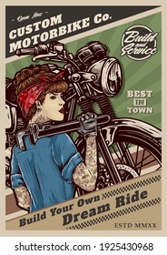 vector of PIN UP GIRL ON classic custom motorcycle RETRO POSTER STYLE