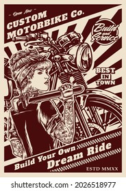 vector of pin up girl with retro motorcycle poster design