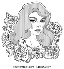 vector pin up girl in roses old school, black and white coloring, ornament, sticker 