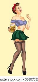 vector pin up girl waitress hanging beer