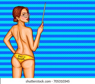 Vector pin up illustration of a young naked girl teacher with a pointer in the hands in pop art style on a blue striped background with space for your text.