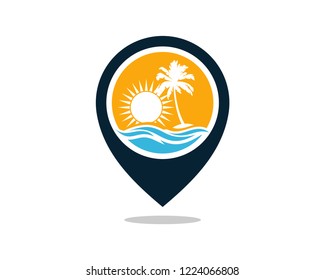 Vector Pin Map Location Beautiful Sunset and Sunrise on the Waves of the Beach and palm trees Sign Symbol Icon Traveling or Holiday Logo Flat Template Design Inspiration