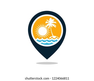 Vector Pin Map Location Beautiful Sunset and Sunrise on the Waves of the Beach and palm trees Sign Symbol Icon Traveling or Holiday Logo Flat Template Design Inspiration